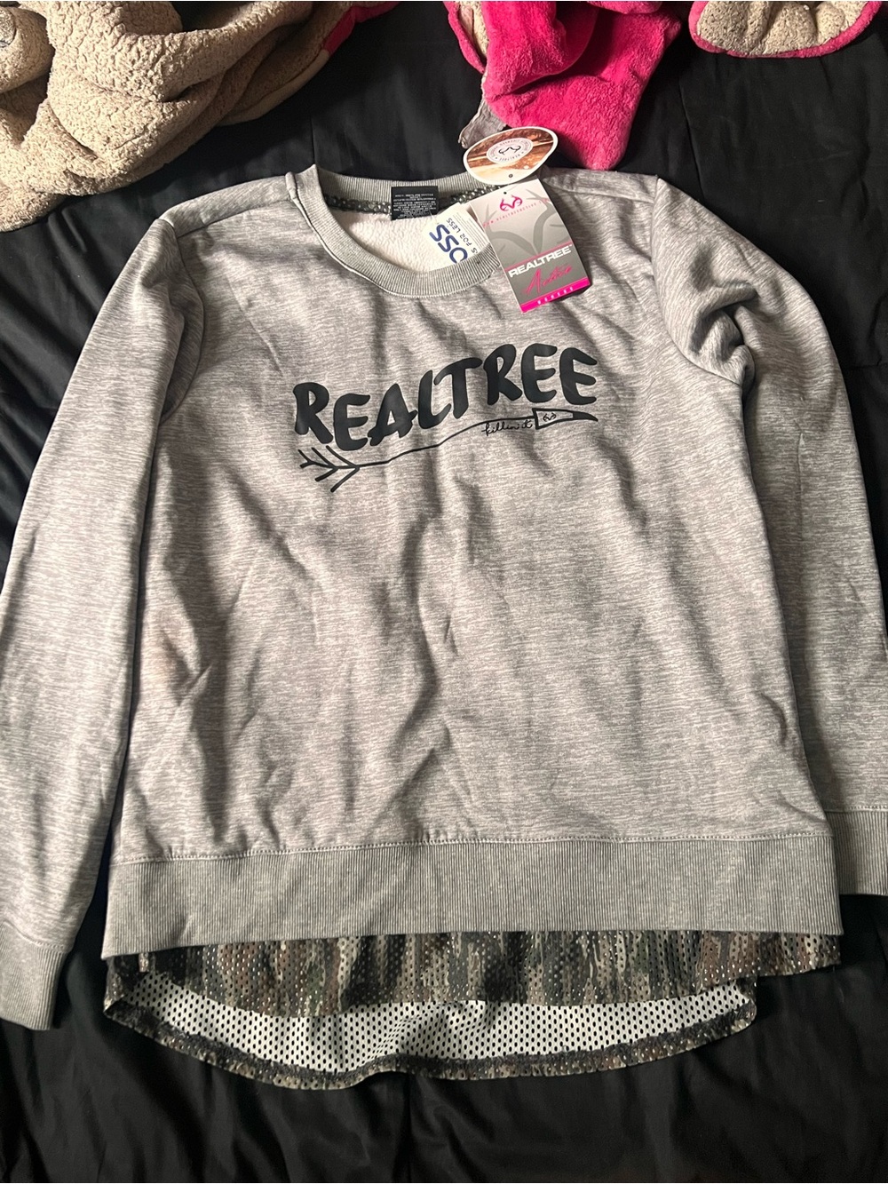 Realtree Gray Pullover with Camo Hem and Black Logo